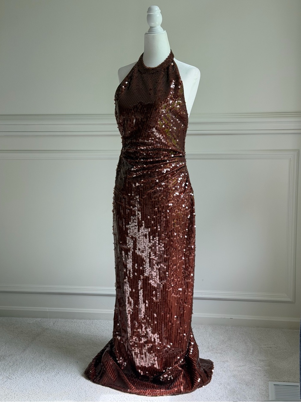 Ronny Kobo Brown Sequin Halter Gown
